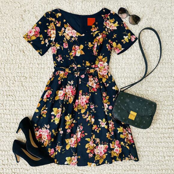 ModCloth Fit & Flare Dress Retro Floral Belted XS - Picture 4 of 14